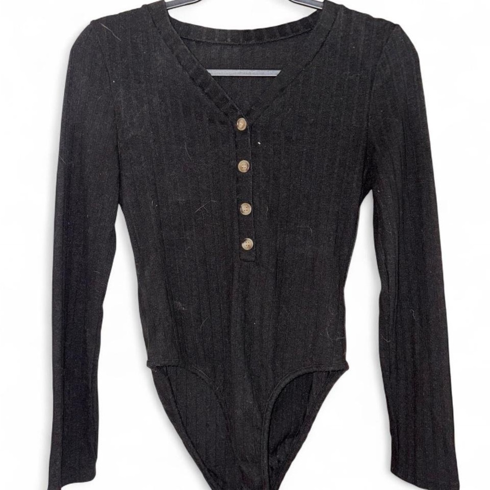 Black Ribbed Long Sleeve Bodysuit | Button Front Fitted Minimalist Top (Size S)